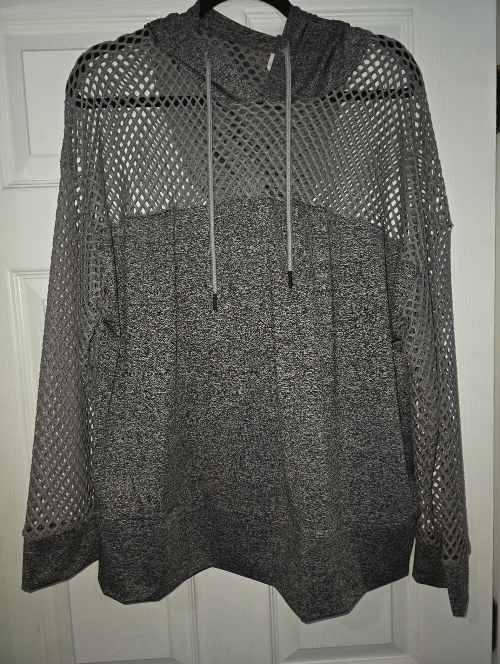 Gray Mesh-Sleeve Hoodie Sweater - Women